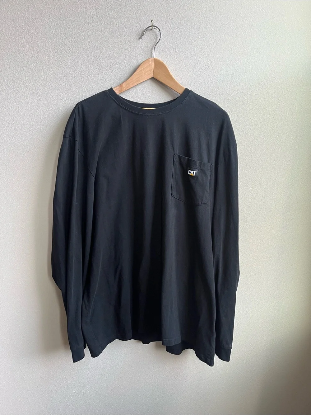 Caterpillar Black Long Sleeve Pocket Tee with Yellow Accent